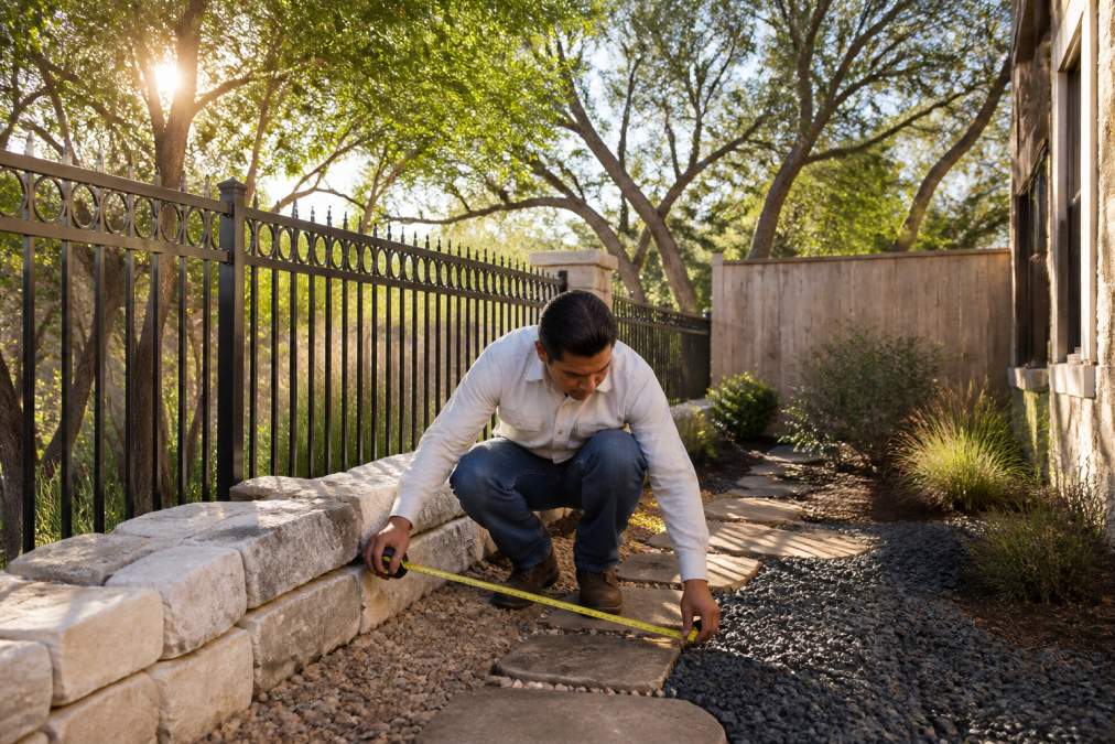 Professional landscaper examining a small residential lot with limestone terrain, measuring hardscape placement near a decorative aluminum fence, morning sunlight casting shadows across the compact yard