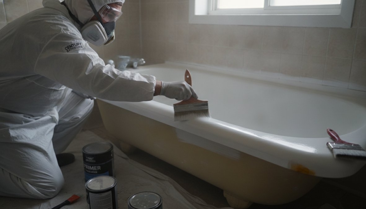 Professional technician applying epoxy coating to bathtub surface with precision brush, wearing protective equipment in well-ventilated bathroom with natural light