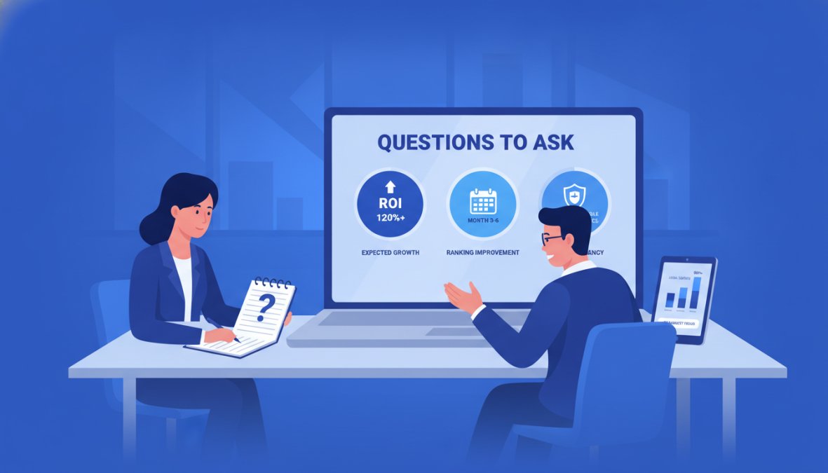 A professional meeting between a business owner and an SEO agency representative, both engaged in conversation across a table with notebooks and a laptop open showing analytics data, in a bright modern office with natural light