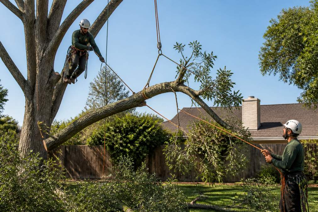 A professional tree crew in hard hats and safety harnesses carefully lowering a large cut branch with a rope guide in a sunlit residential backyard