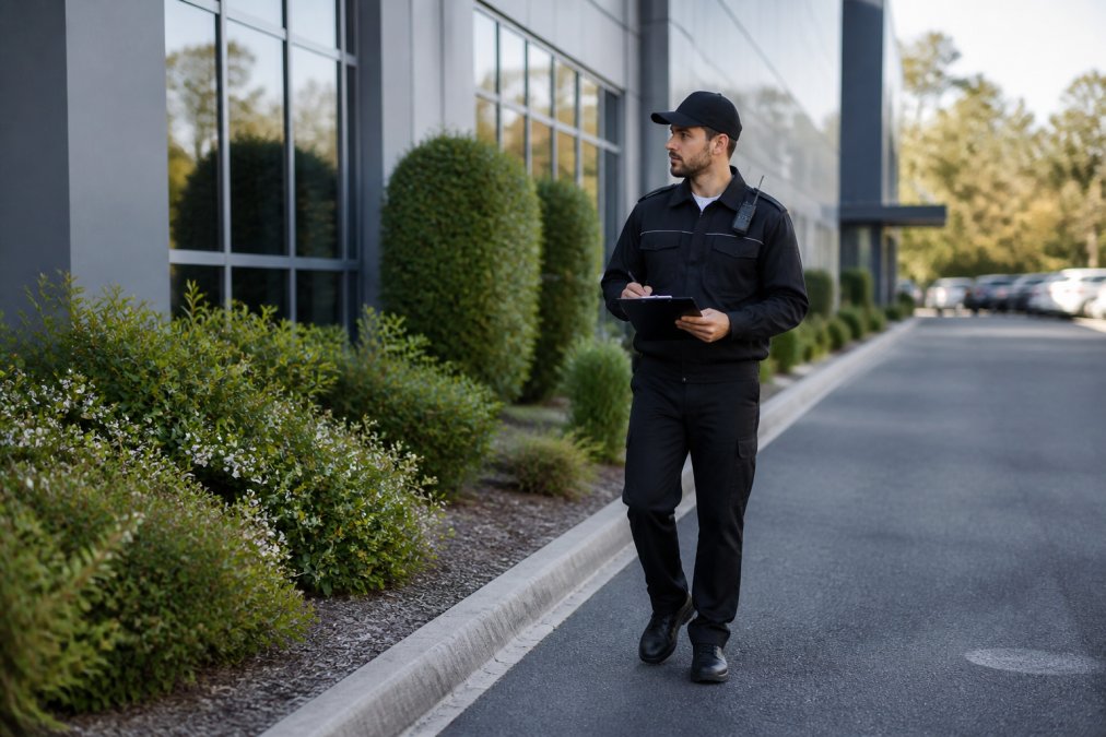 Security professional conducting a site assessment at a commercial property, walking around the perimeter with clipboard and taking notes, natural daylight