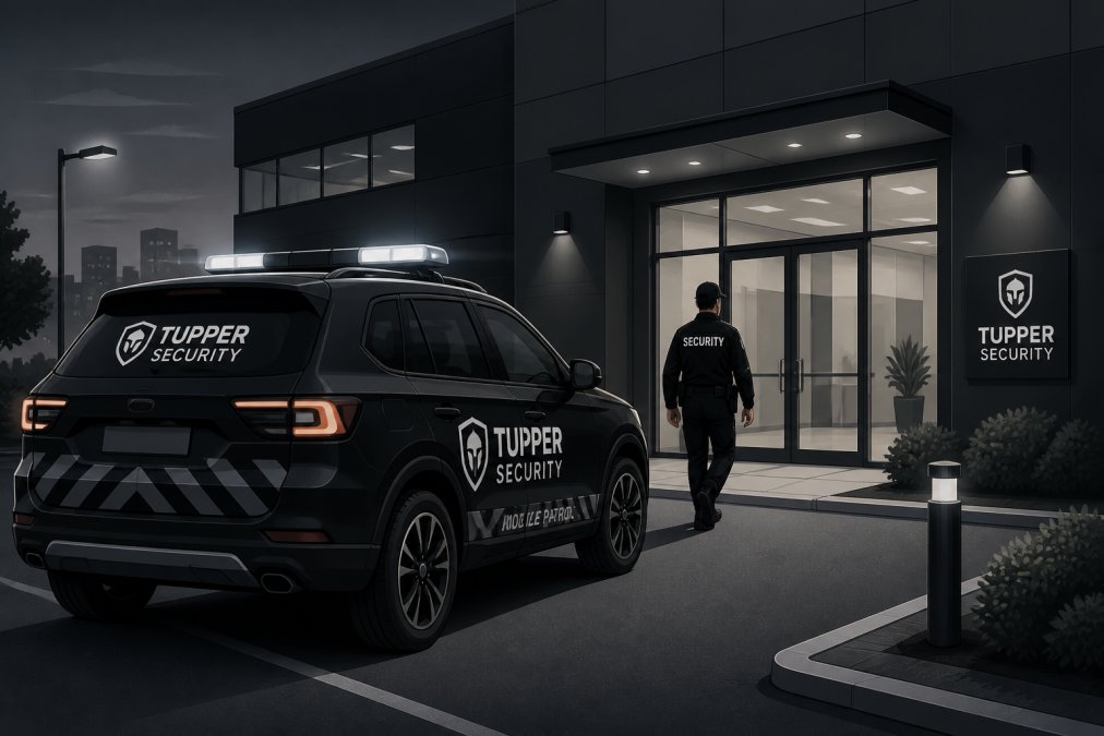 Mobile patrol vehicle parked at a commercial property during evening hours, showing visible security branding and professional appearance, with property entrance visible in background