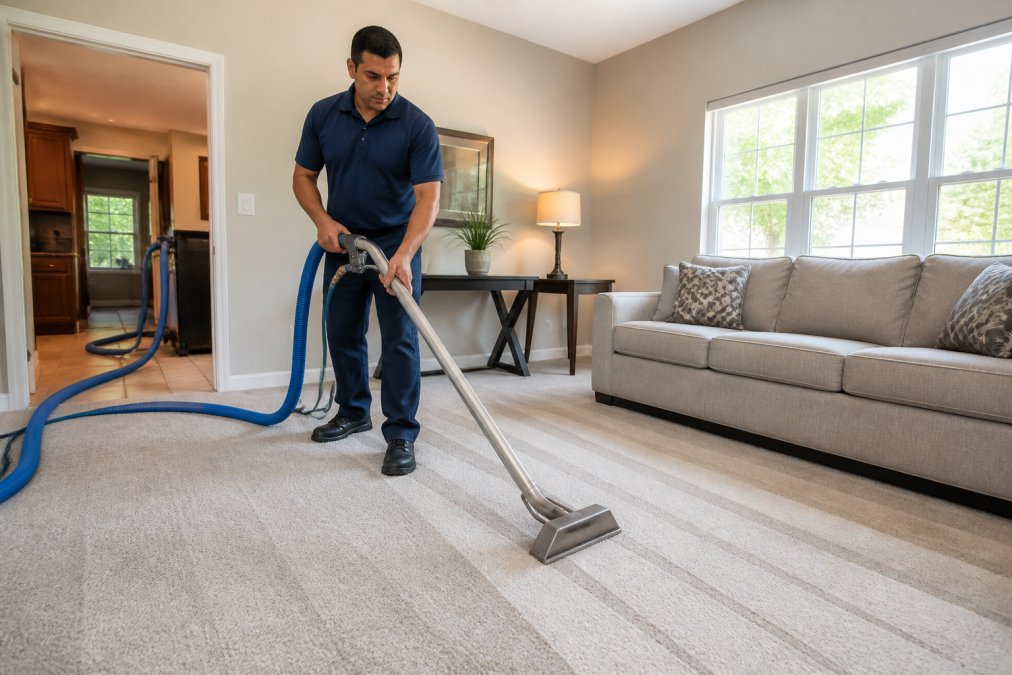 A professional technician in a clean uniform operating a truck-mounted carpet cleaning wand on a residential living room carpet, bright natural light through windows showing visible extraction lines
