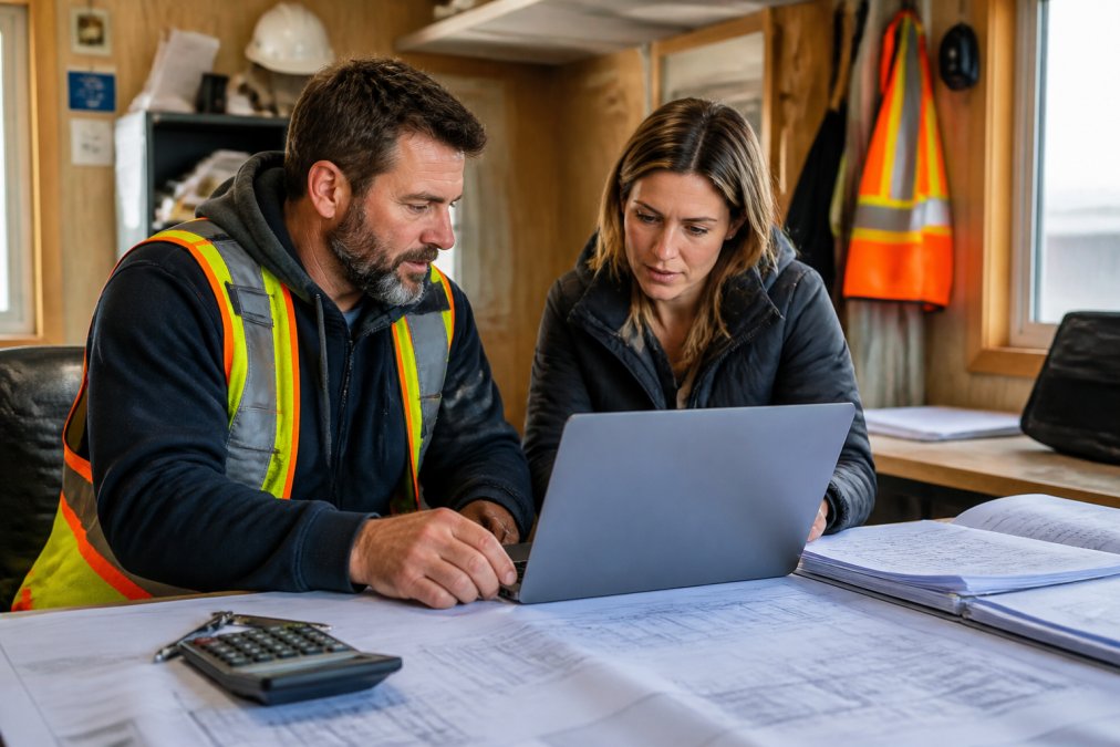 A construction business owner and a professional bookkeeper reviewing financial documents and a laptop at a job site trailer desk, with blueprints and a calculator nearby