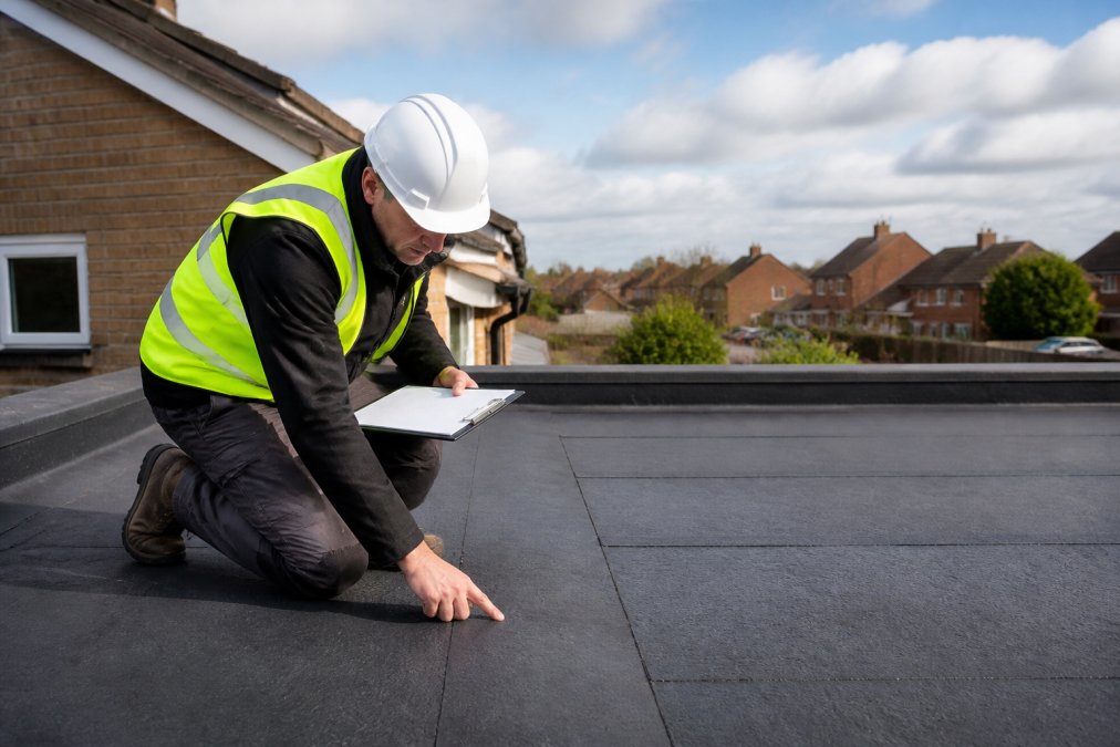 A roofing contractor in safety gear and hard hat inspecting a flat roof on a residential property, clipboard in hand, examining membrane seams and surface on a clear day