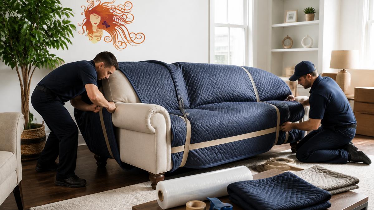 Professional movers carefully wrapping a large beige sofa with protective moving blankets and securing it with straps in a bright residential living room