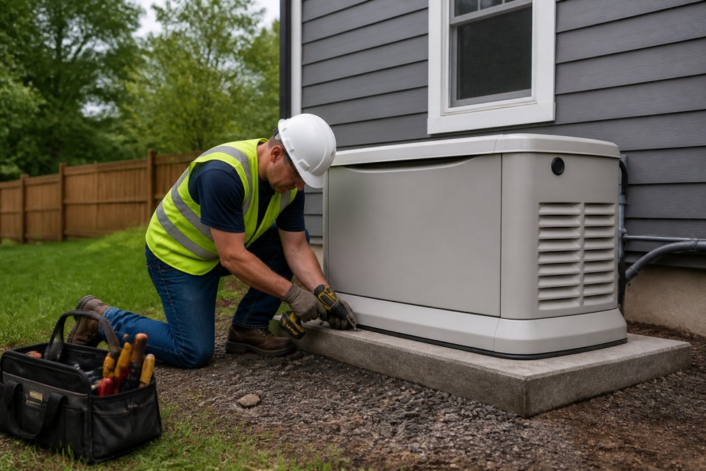 A licensed electrician in a safety vest and hard hat mounting a whole-home standby generator on a concrete pad in a residential backyard, with the home's exterior visible in the background