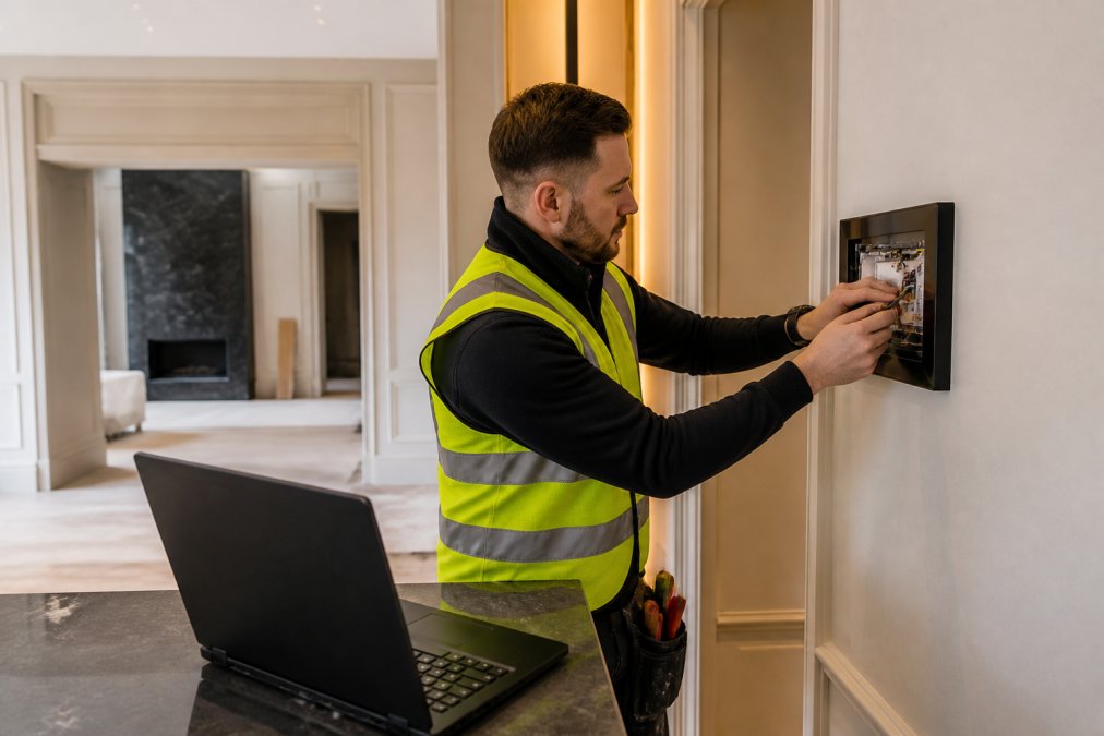 A KNX installer in a high-visibility vest programming a wall-mounted control panel inside a luxury home under renovation, with a laptop open on a nearby surface showing configuration software