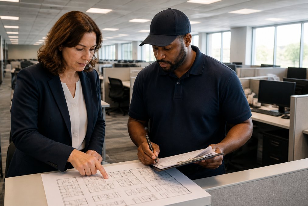 A facility manager and moving crew leader reviewing a floor plan and clipboard inside a bright office with cubicles and monitors