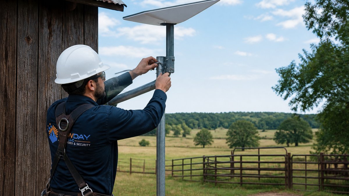 A technician in a hard hat mounting a Starlink dish on a metal pole beside a wooden barn on a rural property, with open fields and trees in the background