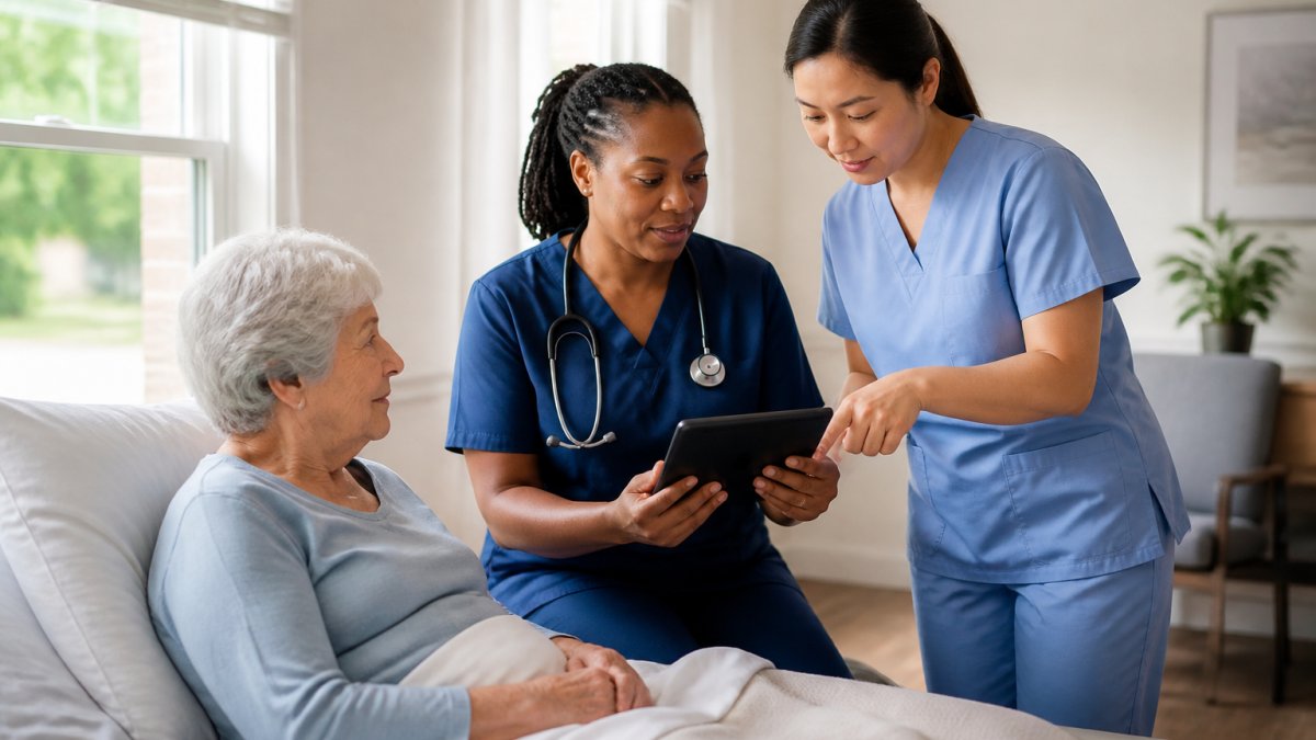 Professional registered nurse and certified nursing assistant collaborating at a patient bedside in a skilled nursing facility, reviewing electronic health records on a tablet and discussing care plan details in natural daylight from large windows