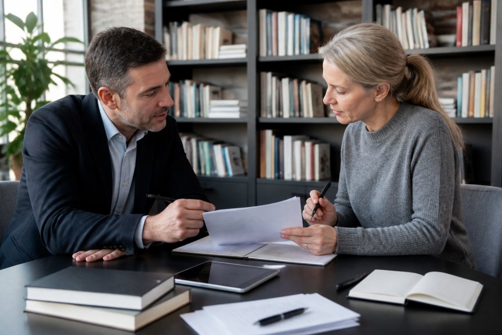A professional in business casual attire sitting across from a writer at a clean desk, both reviewing printed manuscript pages during a focused one-on-one meeting in a well-lit office
