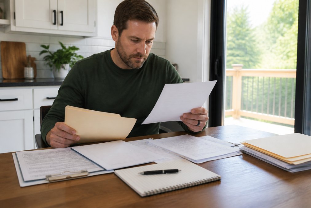 Homeowner sitting at kitchen table reviewing contractor credentials, licenses, and insurance documents with a written checklist and notebook visible