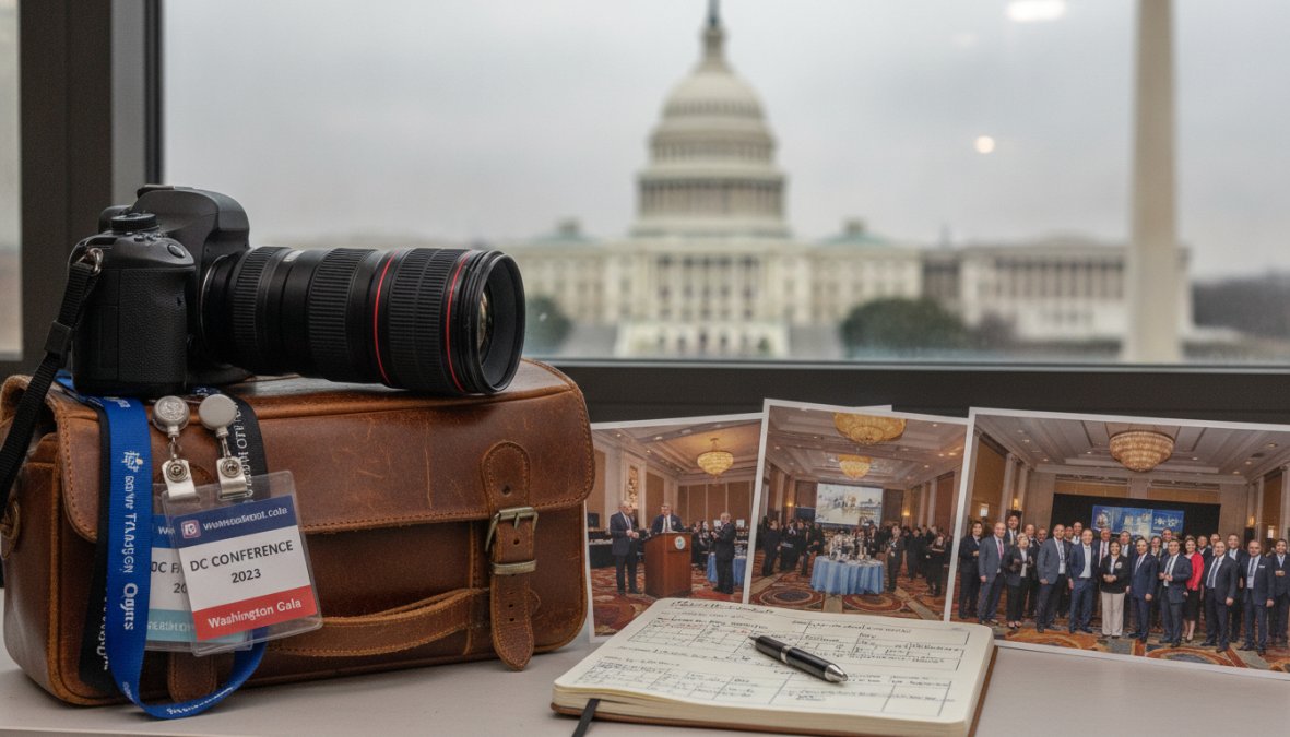 Professional photographer capturing candid moments of attendees networking at a corporate conference in a modern DC venue, with high-resolution focus on genuine interactions and natural lighting