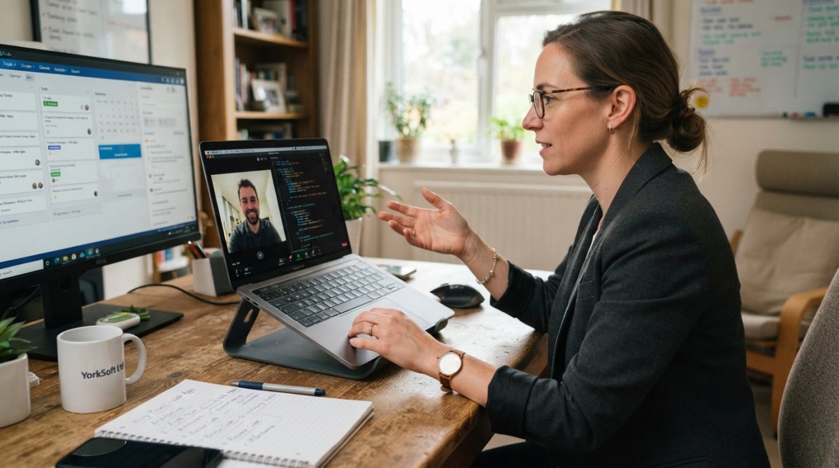 Business professional reviewing custom application requirements on laptop during video consultation with remote developer, showing collaborative remote hiring process