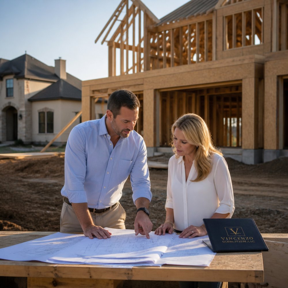 Construction manager in business casual attire reviewing blueprints with a homeowner on the site of a luxury custom home, architectural framing visible in the background, soft afternoon light
