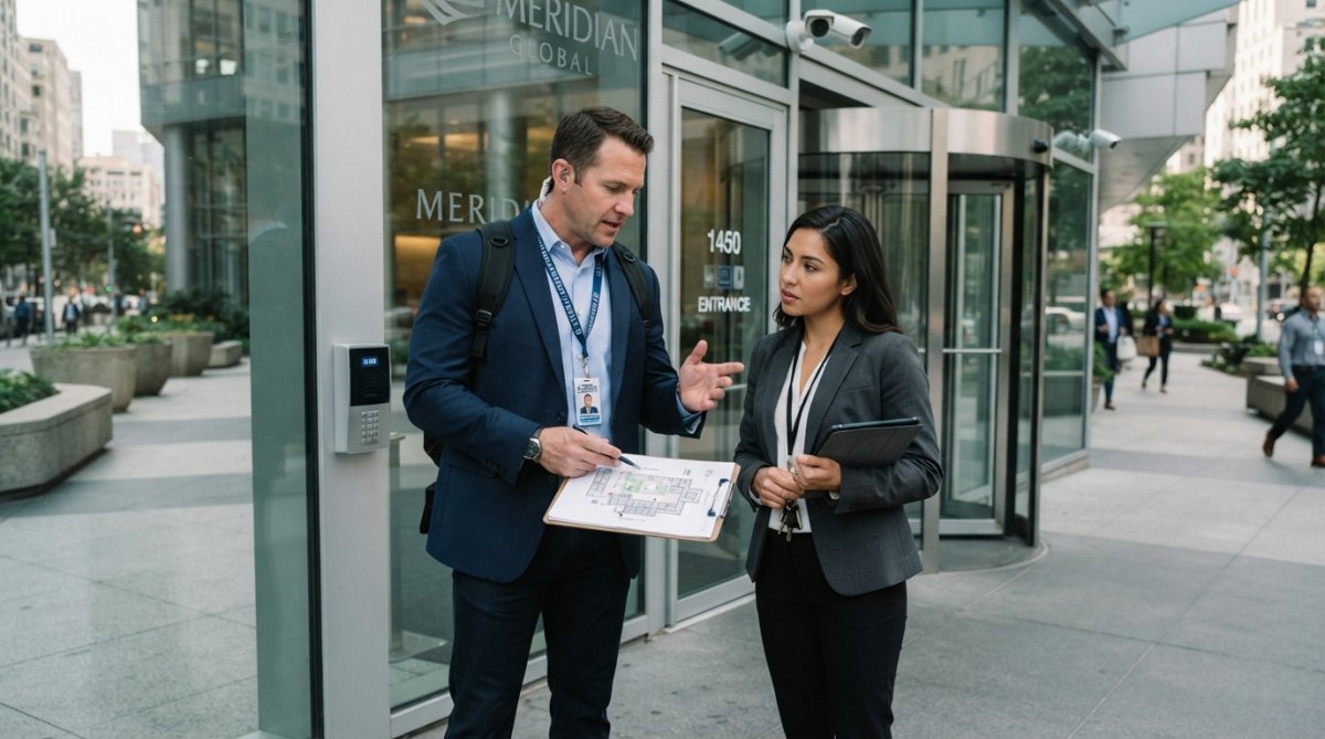 Professional off-duty police officer in business attire conducting a security assessment at a corporate facility entrance, reviewing access points and security protocols with a property manager in natural daylight