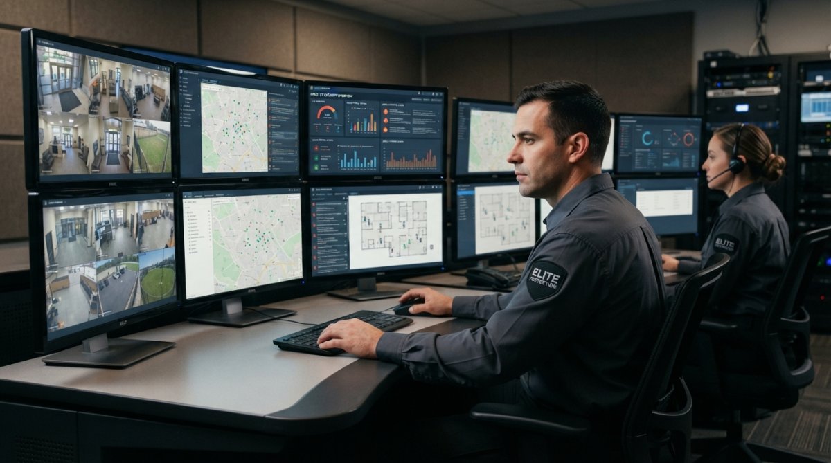 Security personnel monitoring multiple facility locations on a real-time digital dashboard with client portal access, showing live patrol data and incident reports on screens in a modern command center with multiple monitors