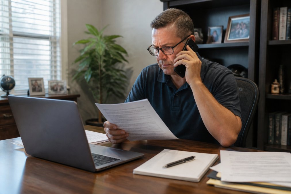Bail bondsman reviewing official documents on a laptop while talking on the phone at a home office desk