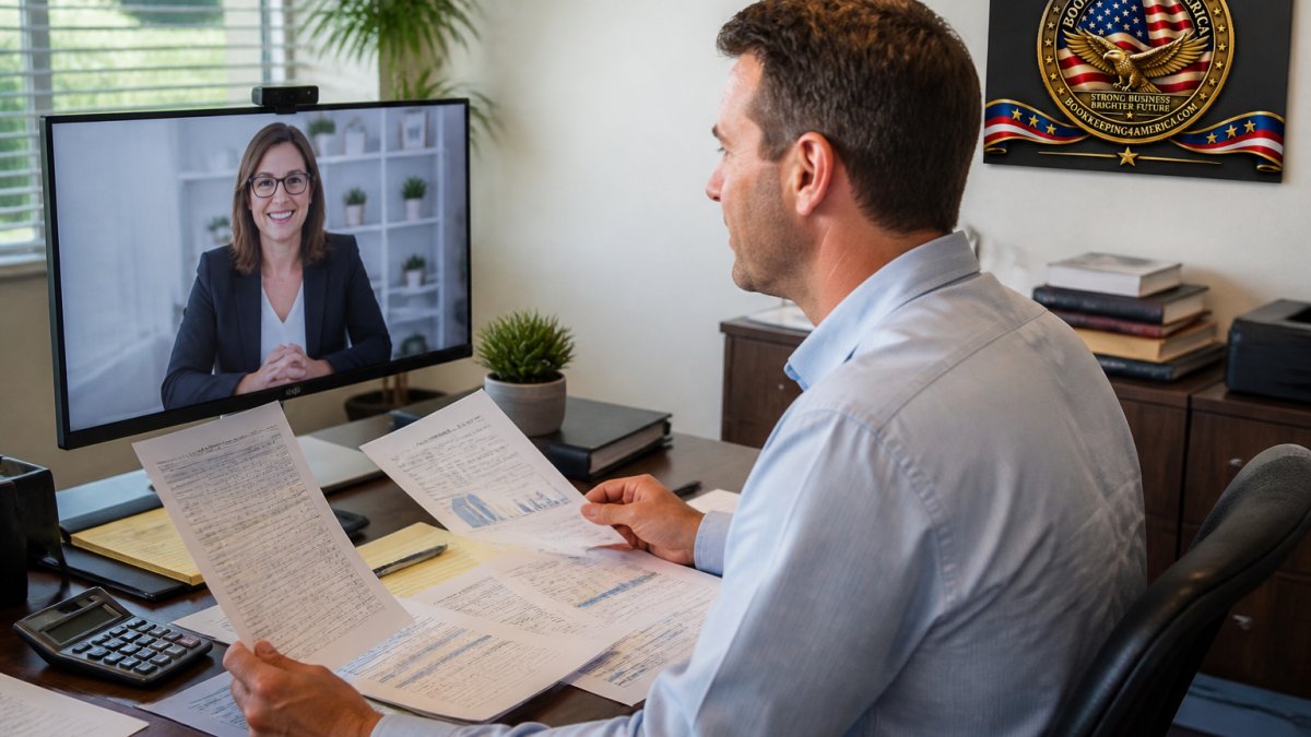 Small business owner sitting at a desk reviewing financial documents and spreadsheets with a professional bookkeeper via video call on their monitor, natural office lighting