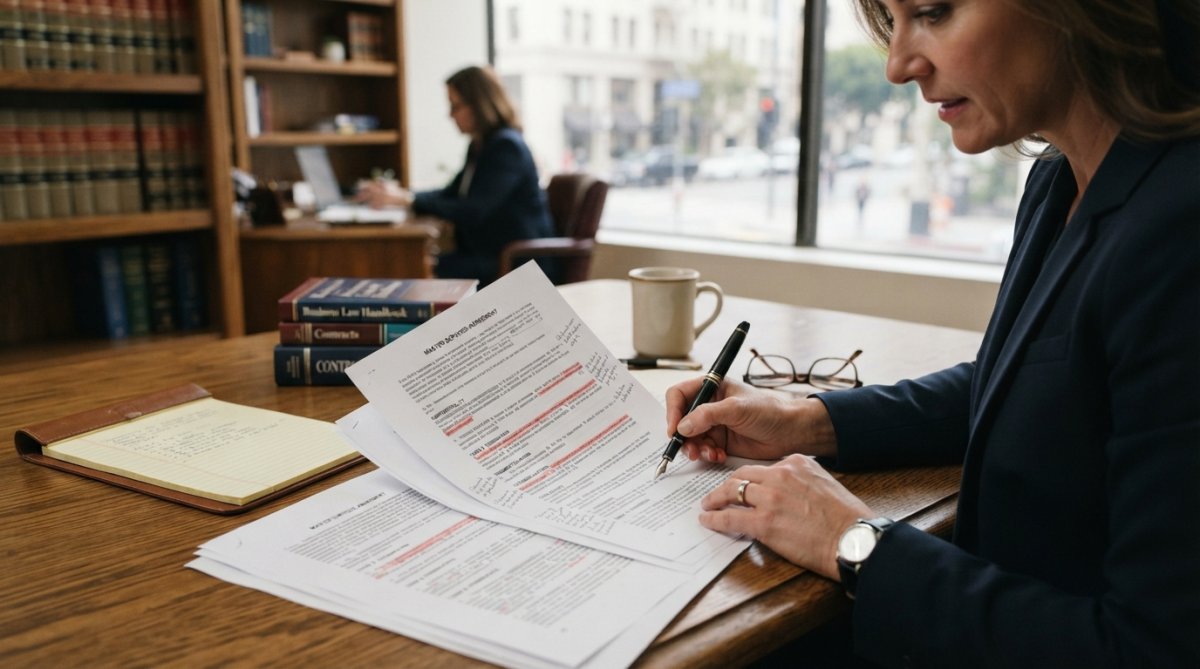 Business attorney in professional office reviewing contract documents with pen in hand, law books and reference materials visible on desk