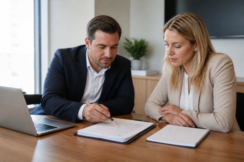 Professional buyer advocate and client reviewing property documents and contract details at a desk with laptop and notepad, natural office lighting