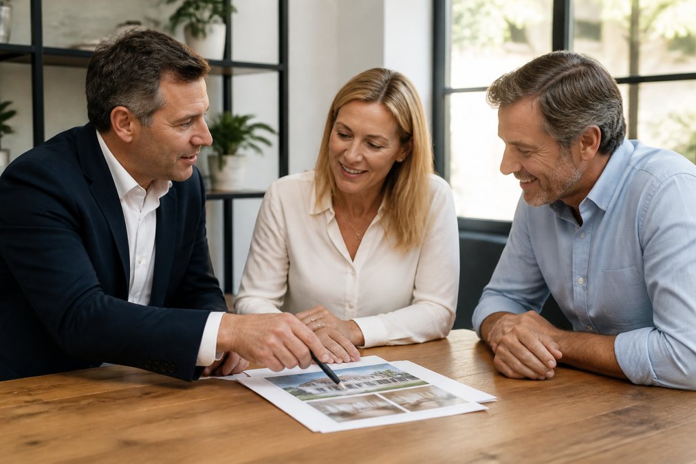 Experienced property negotiator in professional setting discussing strategy with buyers, pointing to property details on screen, modern office with natural lighting