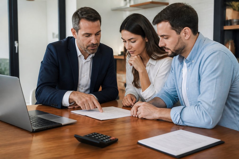 A professional buyer's agent and a young couple reviewing property documents at a desk in a bright office, laptop showing listings and a calculator nearby