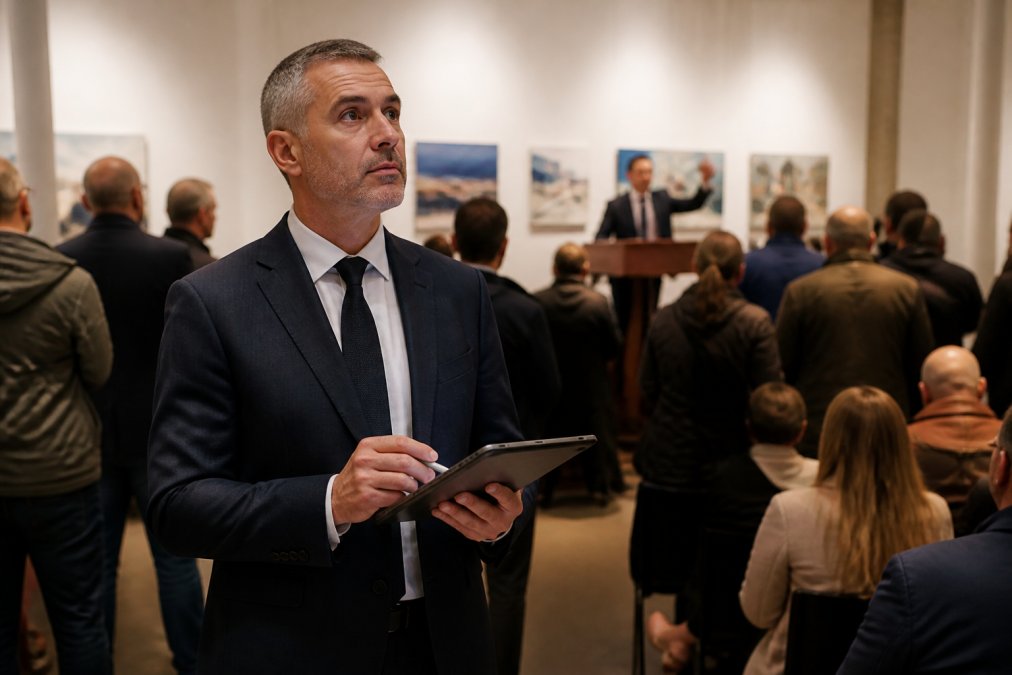Professional buyers agent standing confidently in a Melbourne auction room, observing bidders intently while taking notes on a tablet, with the auctioneer visible in background under warm gallery lighting