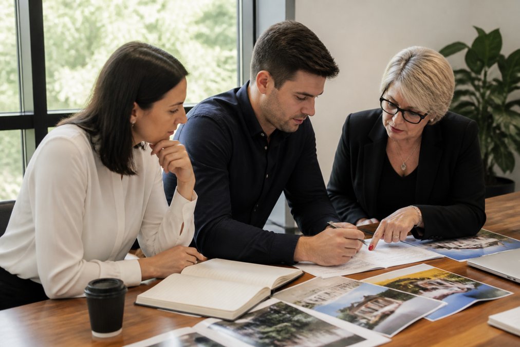Team of buyers agents reviewing property documents and market data at a desk with Melbourne property photos and auction schedules visible, discussing strategy with focused concentration