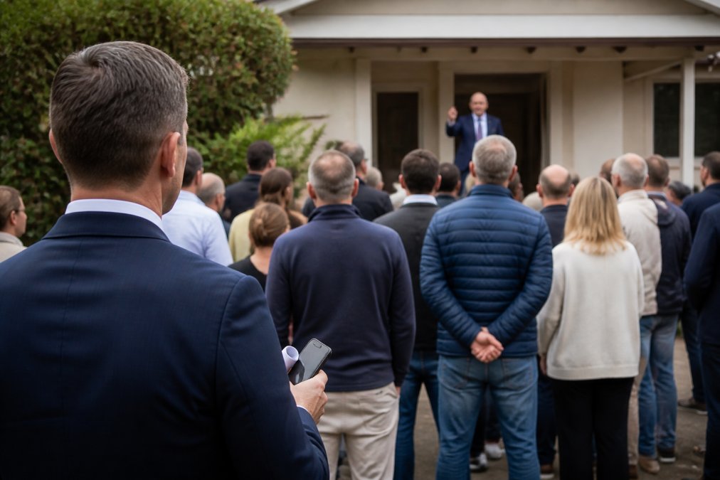 A buyer's agent observing a residential property during buyer's agent auctions while focused on the auctioneer.
