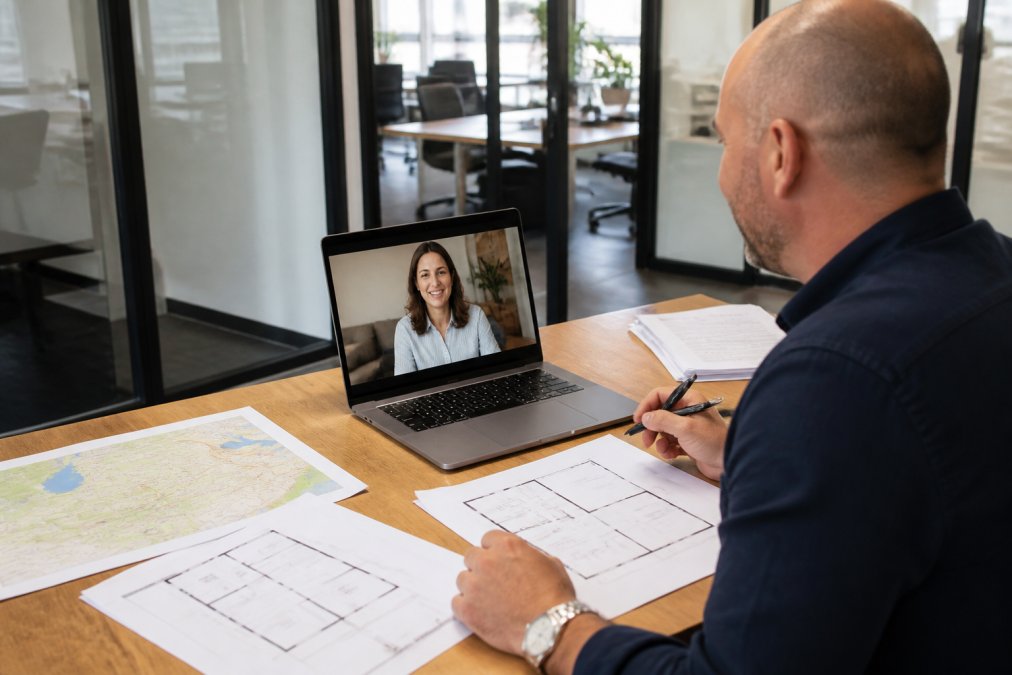 A buyers agent managing an interstate relocation via video call while reviewing property documents and maps.