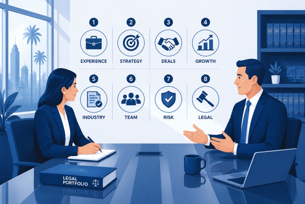 Two professionals in business attire conducting an interview across a polished conference table in a modern law office, one taking notes while both are engaged in active conversation with natural window lighting