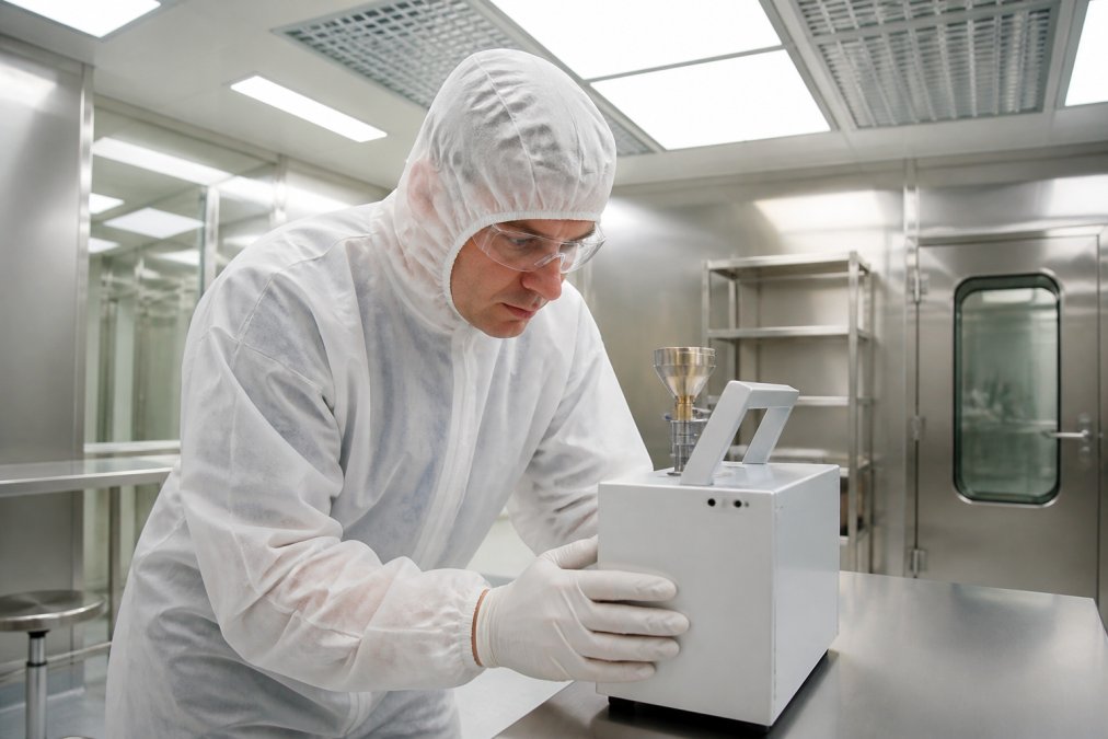 A cleanroom validation consultant in a white coverall and safety glasses examining a particle counter inside a bright pharmaceutical cleanroom with stainless steel surfaces and HEPA filter ceiling panels