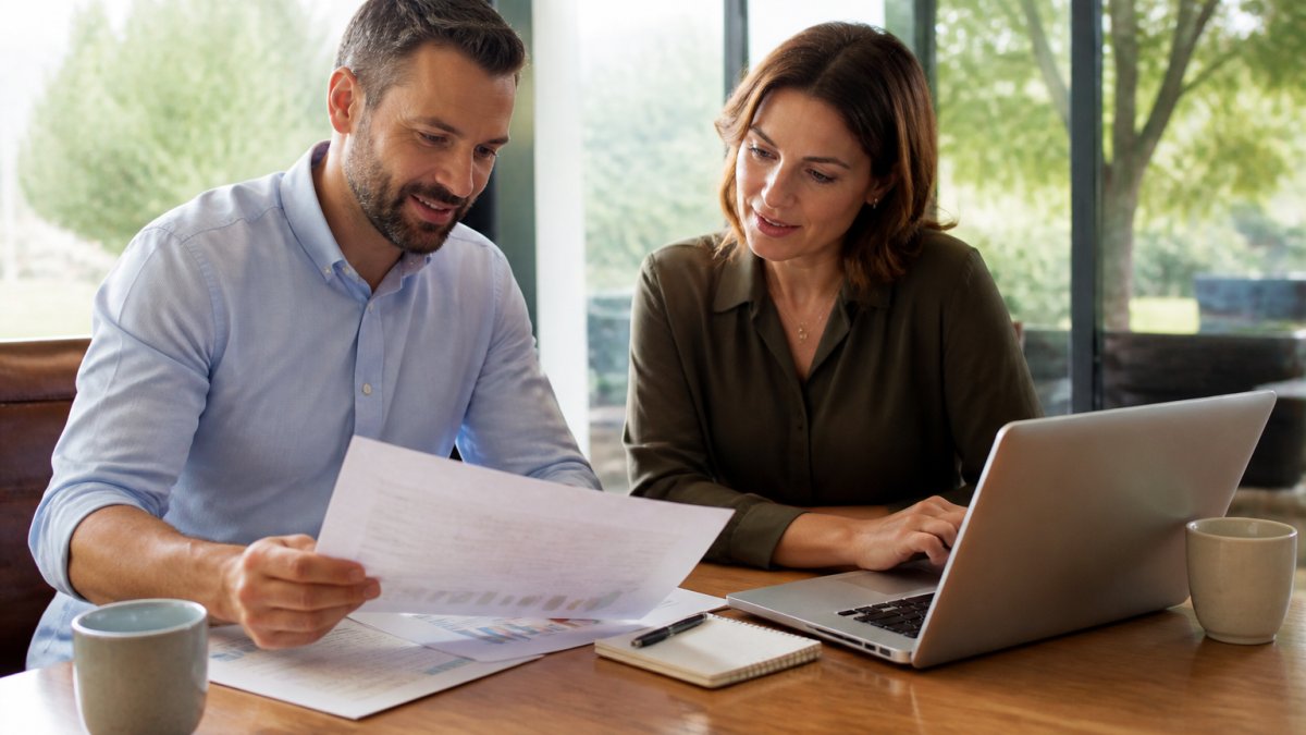 A small business owner and a financial consultant reviewing printed statements and a laptop together at a wooden conference table, notebook and coffee cups nearby, soft afternoon light