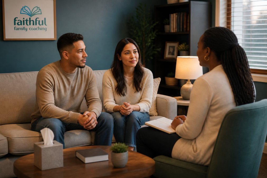 A couple shares their concerns with a compassionate christian marriage coach during a private office session.