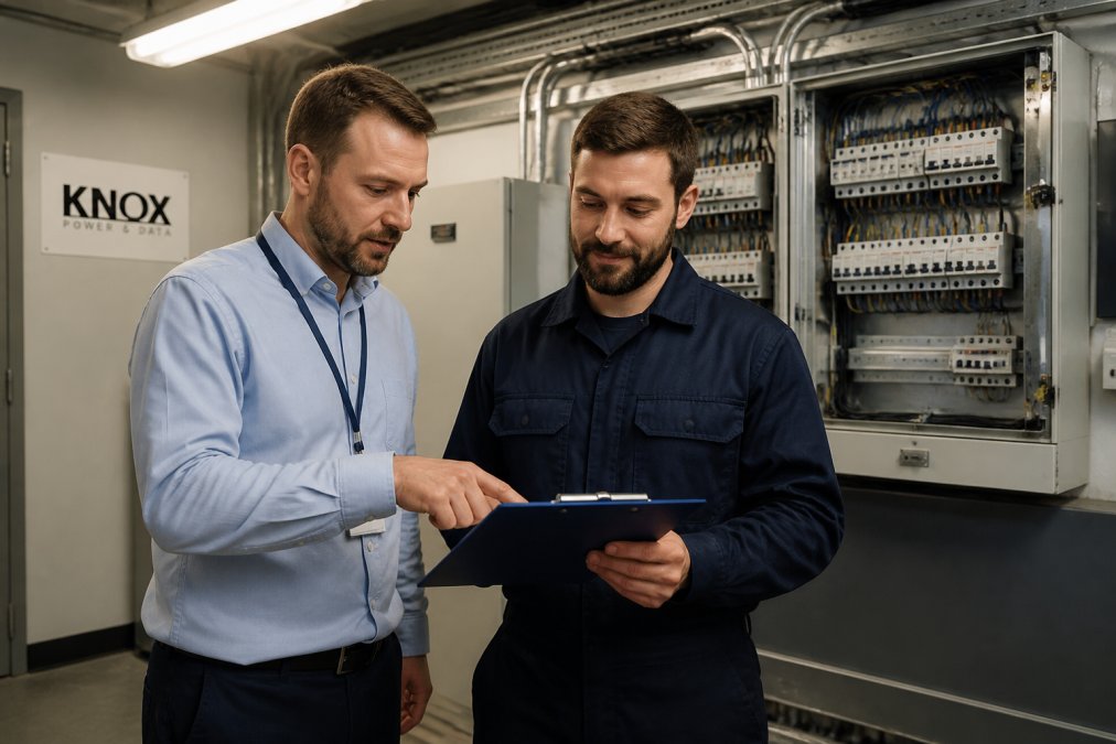 A facilities manager in a shirt and an electrician in navy workwear reviewing a clipboard checklist together in a plant room, open consumer units and labelled distribution boards visible on the wall behind them, fluorescent overhead lighting