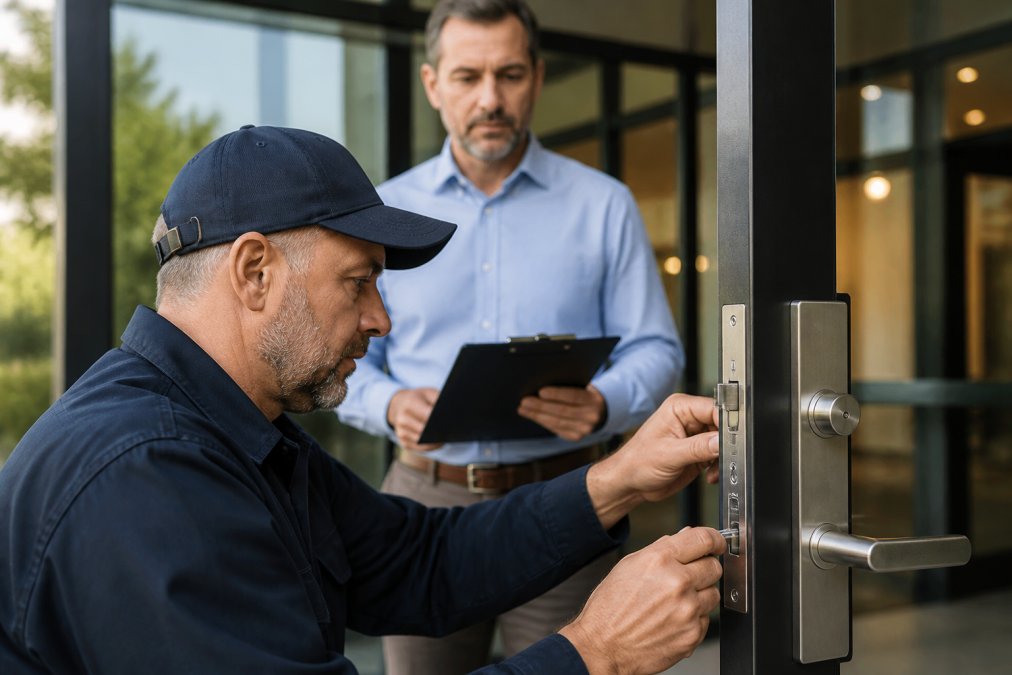 Professional locksmith in uniform examining a commercial door lock and deadbolt system while a business owner watches with clipboard in background, modern office building entrance visible