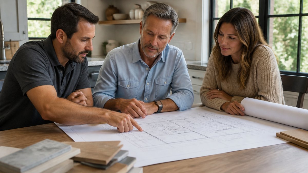 Architect, contractor, and homeowner reviewing architectural drawings together at a planning table, pointing at blueprints and discussing design details with natural lighting from nearby windows
