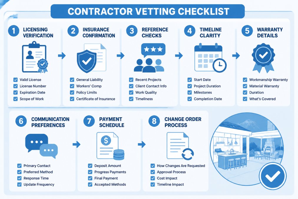 Checklist with 8-10 critical contractor vetting questions organized by categories: licensing verification, insurance confirmation, reference checks, timeline clarity, warranty details, communication preferences, payment schedule, and change order process