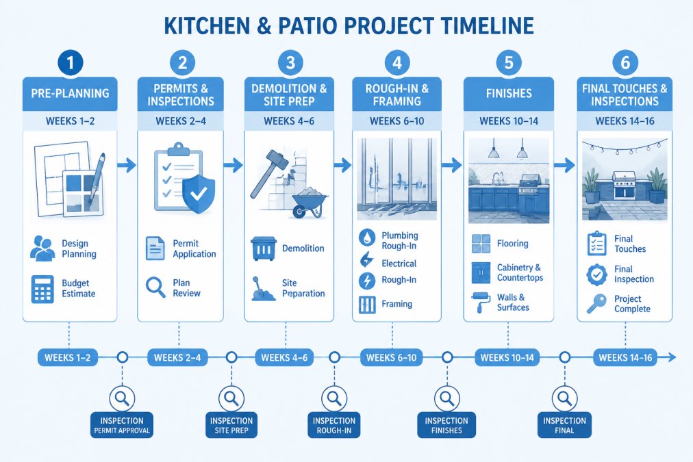 Project timeline flowchart showing phases: pre-planning (weeks 1-2), permits and inspections (weeks 2-4), demolition and site prep (weeks 4-6), rough-in and framing (weeks 6-10), finishes (weeks 10-14), final touches and inspections (weeks 14-16), with specific milestones and inspection points marked