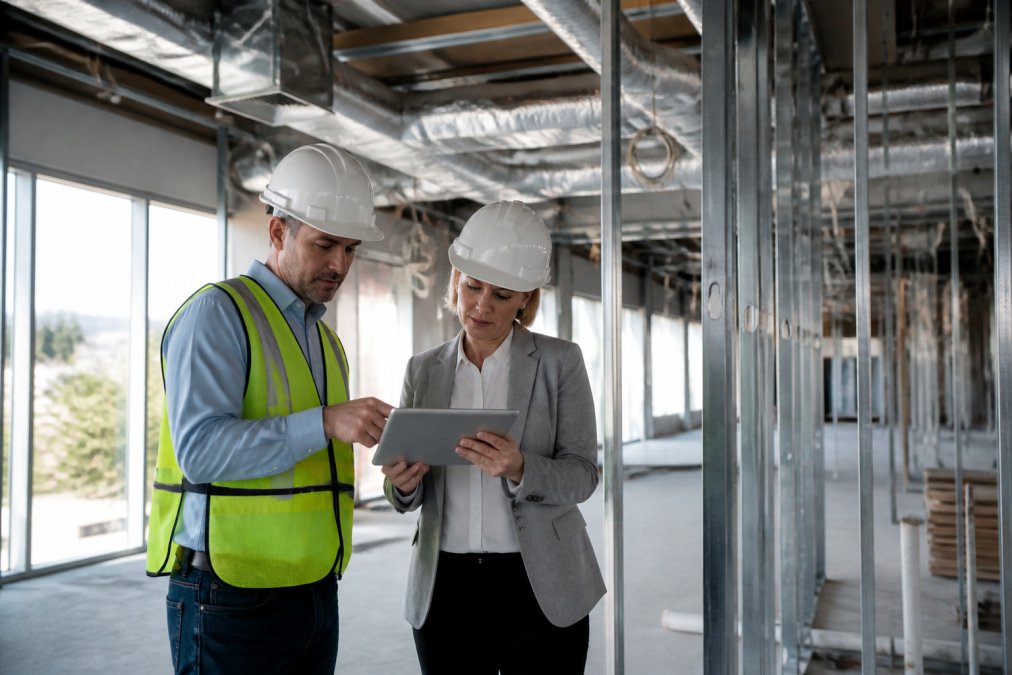 A construction project manager and a healthcare architect reviewing blueprints on a tablet inside a medical office under construction, exposed HVAC ductwork and metal framing visible in the background, natural light from unfinished windows