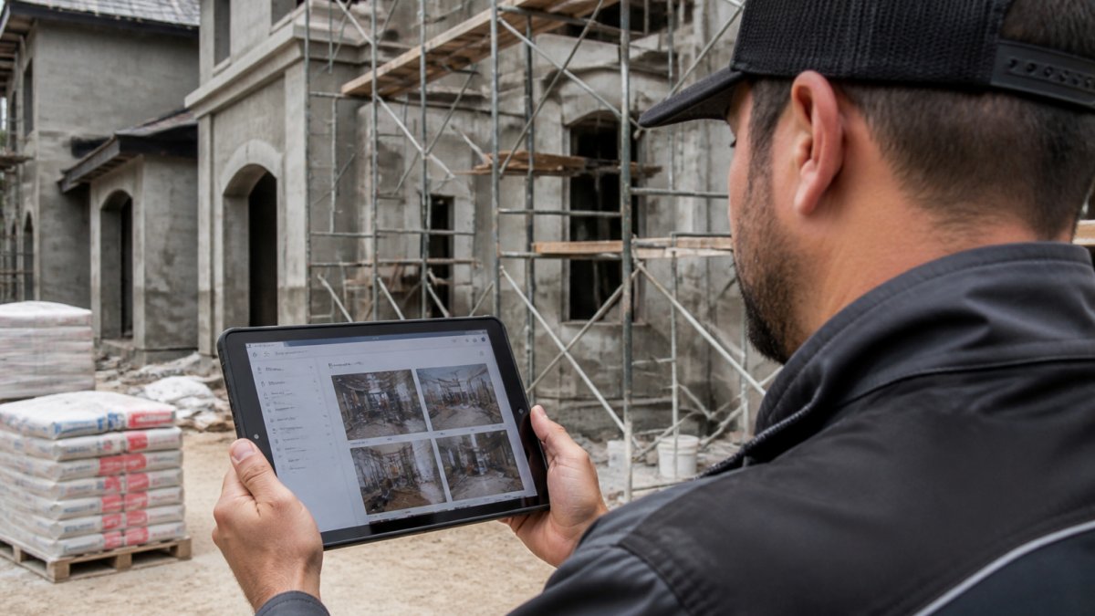 Professional contractor holding tablet on active job site showing construction project management app interface with photo documentation of work progress, building materials and scaffolding visible in background