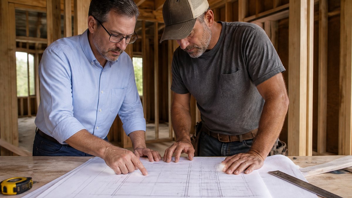 A structural engineer and a general contractor reviewing blueprints together at a table on a residential construction site, pointing at load-bearing wall details