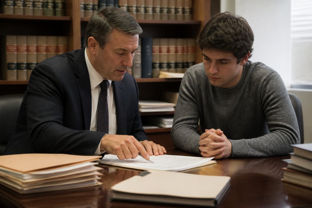 Criminal defense attorney and client having serious consultation in law office, reviewing documents at desk with legal files and case materials visible in background, natural office lighting