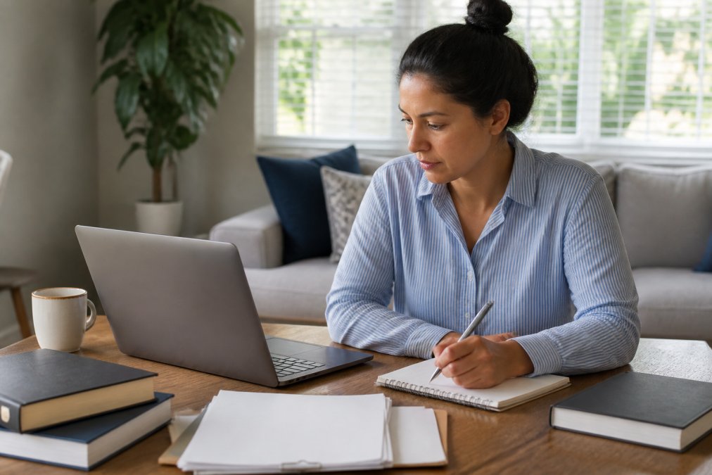 Person researching attorneys on laptop in home setting, taking notes on notepad while evaluating options, natural daylight from window