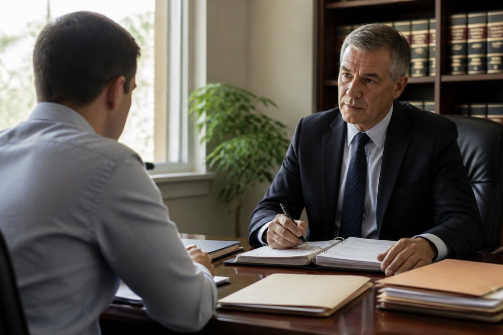 Professional criminal defense attorney in a law office consultation room, sitting across from a client at a desk with case files and legal documents visible, natural window lighting creating a professional atmosphere