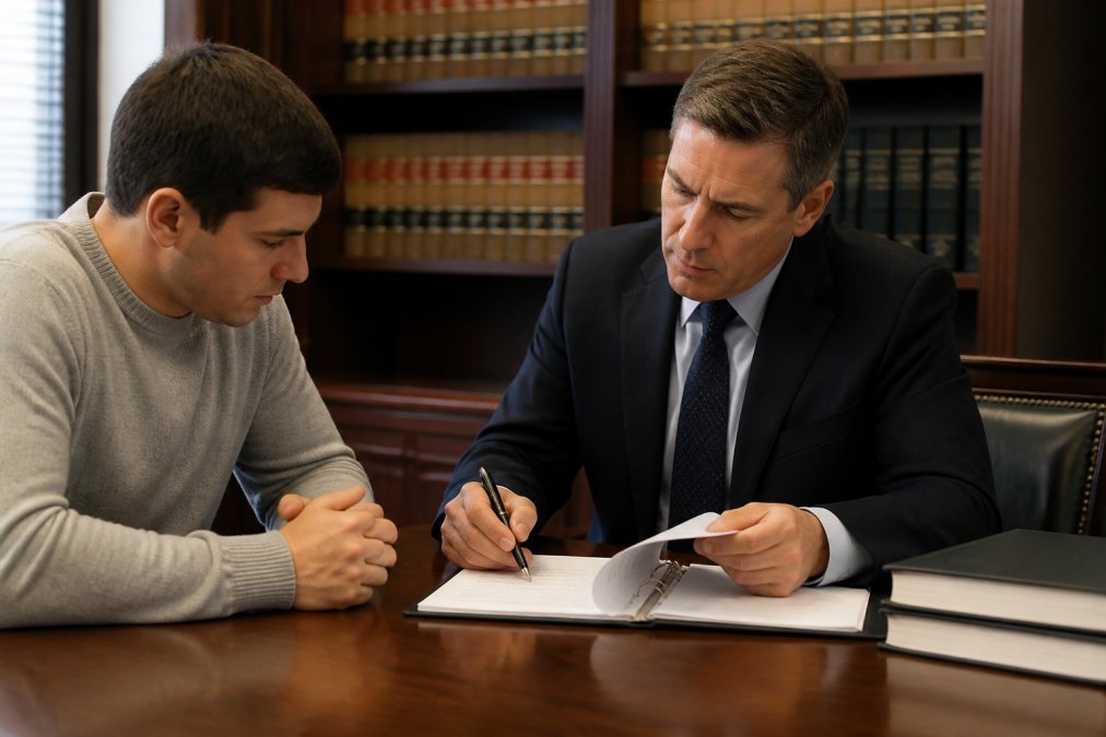 Person in a serious consultation with their criminal defense attorney in a quiet consultation room, both reviewing documents together and taking notes, professional office setting with bookshelves and legal materials visible