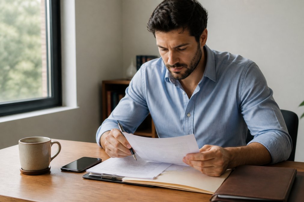 A person in business casual attire reviewing legal documents at a clean desk with a pen in hand, a smartphone, and a cup of coffee nearby under soft natural window light