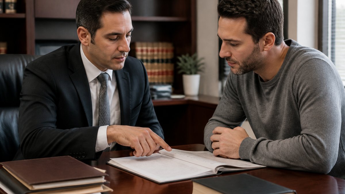 Professional attorney and client discussing case documents in a law office, with the client appearing focused and the attorney gesturing toward legal paperwork on the desk